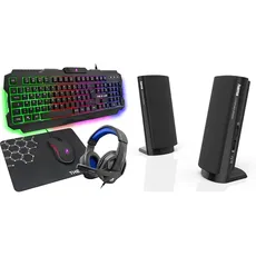 THE G-LAB Combo Argon E - 4-in-1-Gaming-Paket - Beleuchtete QWERTZ-Gamertastatur, 3200-DPI-Gamermäuse - Schwartz & Hama Multimedia Lautsprecher E 80 schwarz