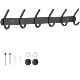 ERWEY Kleiderhaken Wand, Garderobenhaken mit 6 Haken, Metall Hakenleiste Garderobe für Schlafzimmer Bad Küche zum Aufhängen von Hut, Mantel, Handtuch und Geldbörse, Schwarz
