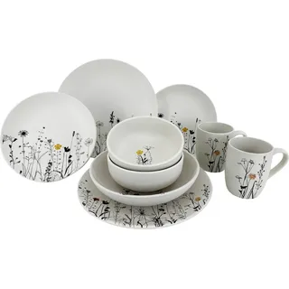 10-teiliges Keramik-Geschirrset Cream Garden Color (Teller, Schalen, Tassen) - Schwarz, Creme