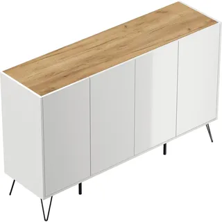 Posseik Sideboard Industrial P 4 Schubladen 4 Türen 155 cm Weiß Eiche Top