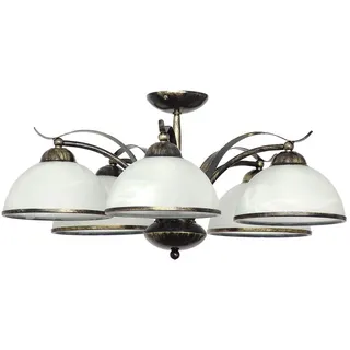 Deckenleuchte Landhaus "Korfu" Messing Weiß Glas Metall 5-flammig Deckenlampe Wohnzimmer Flur - Gold