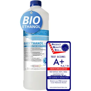 Nanoprotect Bioethanol 96,6% | 1 Liter | Flüssiger Ethanol Brennstoff für Indoor Kamin und Tischfeuer | Reiner Ethylalkohol als Lösungsmittel | Geprüfte Premium Qualität