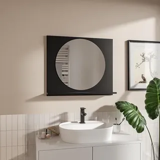Badspiegel mit Ablage Schwarz H:60 x B: 70 cm Rund Spiegel ?55 cm Bathroom Mirror Moderner Badezimmer Spiegel Rechteckig Wandspiegel mit Regal - Schwarz