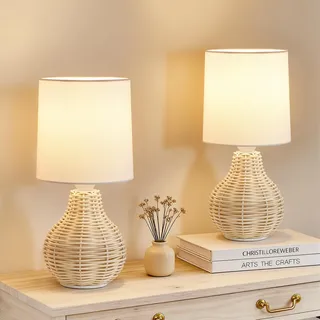 GyroVu Nachttischlampe 2er Set Boho, Rattan Tischlampe, Nachttischlampen im Landhausstil, Kleine Lampen für Rustikale Wohnraumdekoration, Schlafzimmer, Nachttisch, Wohnzimmer, Lesetisch, Beistelltisch