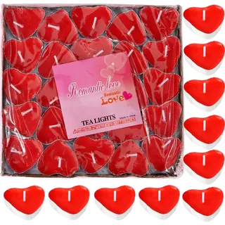 50 Stück Teelichter Herzform, Romantische Kerzen in Herzform, Herz Kerzen Teelicht aus Paraffinwachs für Valentinstag, Geburtstag, Vorschlag, Party, Jubiläum