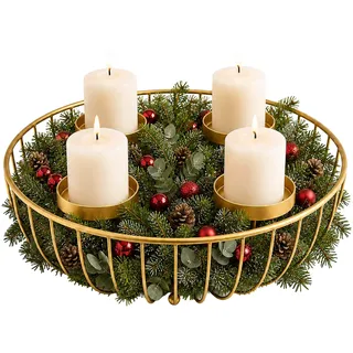 Relaxdays Adventskranz, 4 Stumpenkerzen, Drahtgeflecht, Schale, Gold | Metall, HxD: 10 x 33 cm, moderne Adventsdekoration, Weihnachtskranz