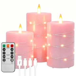 PinnWaa LED Kerzen, 3 wiederaufladbare Stumpenkerzen mit Lichterkette, Rosa | Fernbedienung, Timer 2/4/6/8 Std, Echtwachs, flammenlos, tanzende Flamme, Flackereffekt, für Zuhause, Hochzeit und Tischdeko