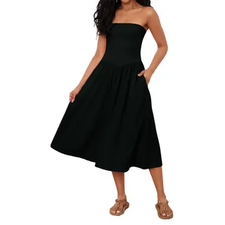 Livtany Schulterfreies Midi-Kleid, trägerlos, ärmellos, fallende Taille, A-Linie, trendiges Sommerkleid, Swing-Patchwork-Kleid, Schwarz, Groß