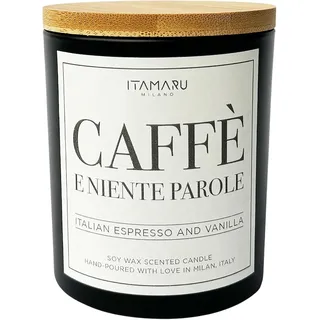 Duftkerze mit Kaffeearoma, 100% Sojawachs, mit Holzdocht, in schwarzem Glas und mit Bambusdeckel, 220 g, handgefertigt in Italien - Schwarz