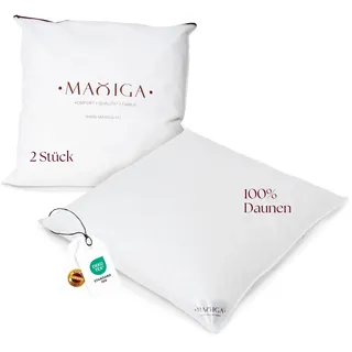 maxiga Daunenkissen 50x50 cm (2 Stück) | 100% Daune | Füllgewicht 700g | Für Allergiker geeignet | Oeko-TEX-Zertifikat Klasse 1 | Atmungsaktiver, Baumwollbezug