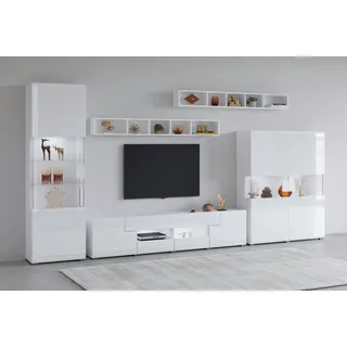 INOSIGN »Toledo,Breite 391cm stilvolle Mediawand ohne Beleuchtung«, (Set, 5 St.), Anbauwand(Vitrine,Lowboard,Highboard,2xHängeregal)MDF Hochglanzfronten, weiß