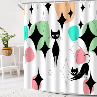 LAEDCIITI Mid Century Duschvorhang mit schwarzer Katze, modern, atomares, abstraktes geometrisches Muster, Retro, schwarzes Kätzchen, Tier, 1950er und 1960er Jahre, Vintage, lustig, blaugrün, Stoff,