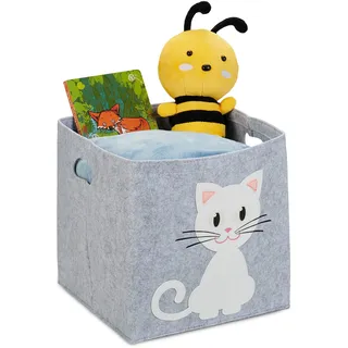 Relaxdays Aufbewahrungskorb Filz, Katzenmotiv, Filzkorb für Kinder, faltbar, HBT: 33 x 34 x 32 cm, Spielzeugkorb, grau, Katze