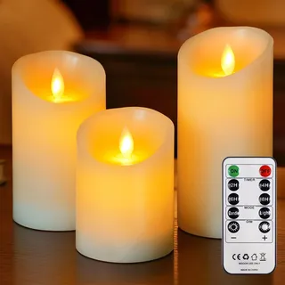 Mavandes Flammlose Säulen LED Kerzen mit Fernbedienung und Timerfunktion Echtes Elfenbein Wachs Bewegliche Dochte batteriebetrieben realistisch Pack von 3 flackernde (7,5cm x 10cm 12,5cm 15cm)