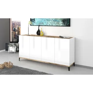 Dmora - Kommode Liam, Küchen-Sideboard mit 4 Türen, Wohnzimmer-Buffet, 100 % Made in Italy, 160 x 40 x 82 cm, glänzendes Weiß und Ahorn,