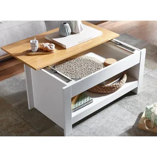 FineBuy Couchtisch Weiß / Eiche 85x47x45 cm Wohnzimmertisch mit Stauraum Design Sofatisch mit Ablagefach Modern Kaffeetisch Loungetisch Eckig - Weiß