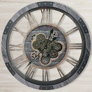 DORBOKER 60CM Große Vintage Wanduhr mit Beweglichen Zahnrädern, Retro Holz Gehärtete HD-Glasabdeckung, XXL Antike Steampunk Industriell Wanduhr für Büro Wohnzimmer Bar (Kohlenstoff Grau,24 Zoll)