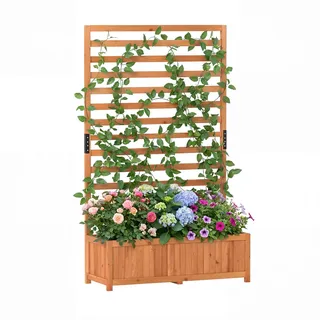 FANTASK Hochbeet mit Rankgitter, 90 x 35 x 150cm, Pflanzkübel mit Spalier, Liner & Entwässerung, Blumenkübel für Kletterpflanzen, Hochbeet Holz für Garten, Balkon (Orange)