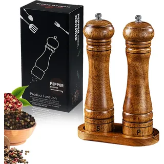 Peper- und Salzmühlen-Set - Hochwertige Holzsalzmühle und Pfeffermühle mit verstellbarem keramischem Mahlwerk - Akazienholz-Untersetzer - Gewürzmühle für Pfeffer und Salz (2 Stück 20 cm)