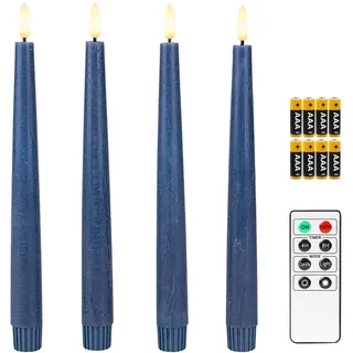 Fanna 4 Echtwachs Led Stabkerzen mit Fernbedienung, Rustikale Flammenlose Spitzkerzen mit Timer für Weihnachten Dekorationen und Adventskranz - H 24,5cm - Dunkelblau