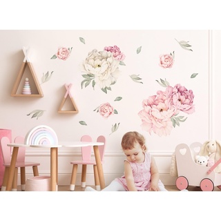 DEKO KINDERZIMMER Wandsticker Pfingstrosen Set Wandtattoo Wohnzimmer Rosa Blumen Kinderzimmer Wandaufkleber Pflanzen Schlafzimmer Wanddeko DK1079-2