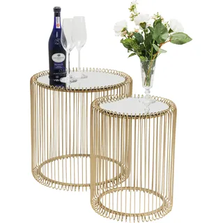 Kare Design Beistelltisch Wire Gold 2er Set, runder, moderner Glastisch, kleiner Couchtisch, Kaffeetisch, Nachttisch, 45 x 44cm