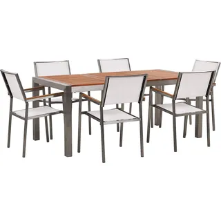 BELIANI Gartenmöbel Set Eukalyptusholz Edelstahl Tisch 180 cm 6 Stühle Weiß Terrasse Outdoor Modern Garten Terrasse - Weiß, Braun, Silber