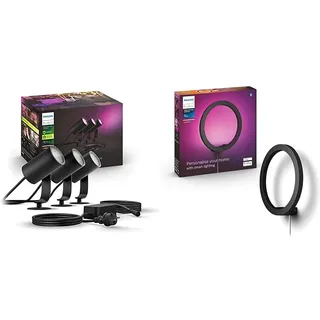 Philips Hue White & Color Ambiance Lily Gartenstrahler 3-er Pack & White & Col. Amb. LED Wandleuchte Sana, schwarz