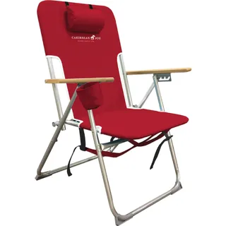 CARIBBEAN JOE Klappbarer Strandstuhl, 4 Positionen, tragbarer Rucksack, Faltbarer Campingstuhl mit Kopfstütze, Getränkehalter und Armlehnen aus Holz, rot, 84 cm D x 7,6 cm B x 63,5 cm H