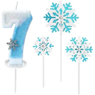 Glitzernde Zahlenkerze 7 mit Schneeflocken-Deko –Geburtstagskerze für Mädchen, Kerze 7 Geburtstag Kinder, Kerzen für Kuchen, Blau-weißer 3D-Glitzer & Tropfschutz