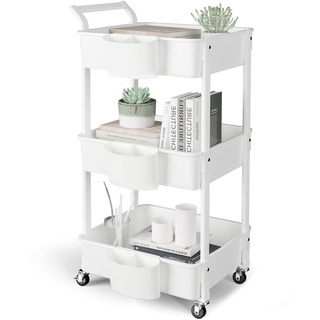 HBTower Küchenwagen 3 Etagen, Servierwagen Utility Cart mit Rollen, Wagen mit 3 Rollregal, Mehrzweckwagen für Küche Make-up Badezimmer Büro, Weiß