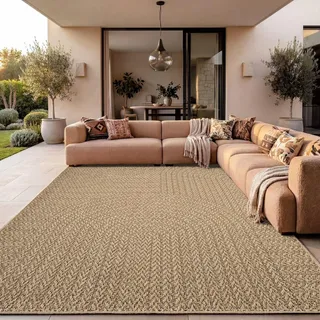 TT Home Outdoor Teppich Wetterfest Garten Schlafzimmer Flur Regenbogen Muster Boho Design Unifarben Sisal Look Moderner Style Größe 120x170 cm - Beige