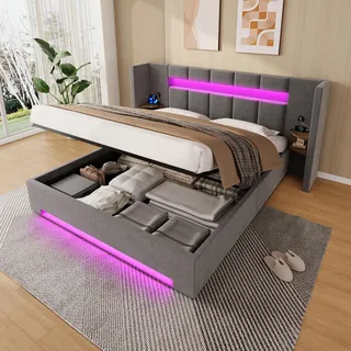 okwish Doppelbett 160×200 Funktionsbett mit 2 USB-Anschlüsse und LED-Licht Jugendbett mit hydraulischem Stauraum Stauraumbett Bettgestell mit breites Kopfteil Dunkelgrau (ohne Matratze) - Dunkelgrau