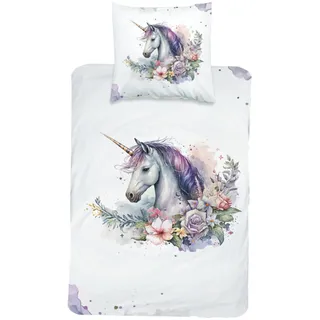 MTOnlinehandel Bettwäsche 135x200 Magische Tierwelt Unicorn Blumen, 100% Baumwolle, 1 Kissenbezug 80x80 cm + 1 Bettbezug 135x200 cm, Reißverschluss, Wendebettwäsche Lila (Einhorn)