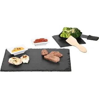 KESPER Raclette-Set 10-tlg., Schiefer, naturbelassener Rand, 38141, inkl. 2 Schieferplatten, 4 Dipschalen, 2 Pfännchen-Untersetzer, 2 Spachtel - Grau