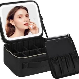 Make-upkoffer mit LED-Spiegel, 3 Lichtstufen, Toilette mit Vergrößerungsglas, Make-up-Beleuchtung mit 10-facher Vergrößerung, verstelle Trennwand, Make-up-Organisation, schwarz. - Schwarz
