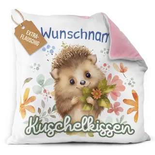 Print Royal PR Flauschiges Kuschel-Kissen für Kinder mit Füllung mit Name selbst gestalten - Igel Kissen für Mädchen und Jungs, Kinderkissen mit Name | 40 x 40 cm, Rückseite Rosa Flauschig