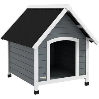 PawHut Hundehütte aus Holz Hundehaus Kleintierhaus mit Asphaltdach Outdoor korrosionsbeständig Hundehöhle mit herausnehmbarem Boden für mittelgroße Hu - Grau, Schwarz
