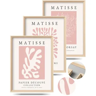 HesenDot Matisse Wandbilder Set 30x40cm,Rosa A3 Bilder mit Rahmen, Abstrakte Leinwanddruck, 3er-Set Kunstdrucke Wanddeko für Wohnzimmer Schlafzimmer Bad Küche Büro