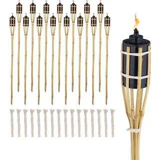 Relaxdays Gartenfackel 16er Set Holz 90 cm inkl. Ersatzdocht Braun