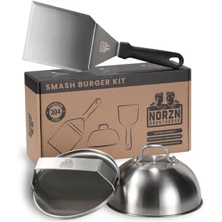 Norzn Brothers® Smash Burger Set – Burger Smasher Set inkl. Hamburgerpresse, Burgerglocke Edelstahl 304, Grillspachtel Edelstahl Plancha – Smashed Burger Presse, Lebensmittelecht, 10 Jahre Garantie