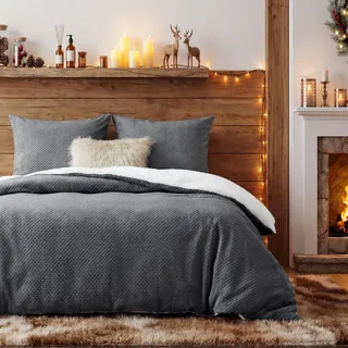 BEDSURE Flauschige Bettwäsche 155x220 Grau - Winter Bettbezug Fleece mit 2 Kissenbezüge 80x80 cm, Warme Bettwäsche-Sets mit Reißverschluss, Waffelpique Winterbettwäsche Anthrazit für Doppelbett