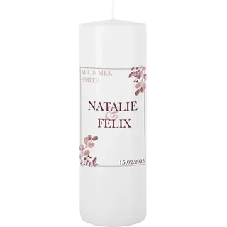 Herz & Heim® Personalisierte Hochzeitskerze mit Namen & Datum – Individuelle Traukerze – Romantische Kerze für Hochzeit & Jubiläum – Verschiedene Motive – Geschenk zur Eheschließung (Eukalyptus)