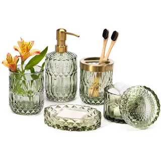 Empo 6-teiliges Badezimmer-Zubehör-Set aus klarem Glas (Lotion-Seifenspender, Seifenschale, Zahnbürstenhalter, Becher, Wattestäbchen-Glas), Moderne Dekoration, Kristall-Vintage-Geschenk (Grün)