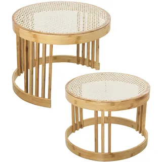 DRW Set mit 2 Beistelltischen aus Rattan und Holz, naturfarben, 55 x 42 und 49 x 36 cm, Natur und Weiß, 55x42 y 49x36cm