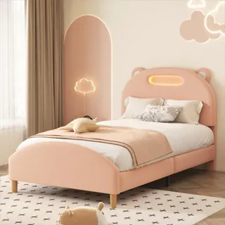 Sweiko Einzelbett 90x200cm, Kinderbett, Polsterbett mit LED-Leiste, Bettkopf mit lustiger Bärenkopfform, mit Holz Lattenroste, Samt, Khaki
