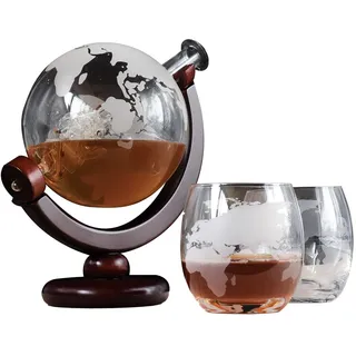 InGenious Globus Whisky Karaffe Set mit 2 Gläsern – Handgeblasener Weltkugel Dekanter mit Schiff & Holzständer – Geschenk für Männer, Papa & Weinliebhaber – Bar Zubehör