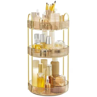 SONGMICS Make-up Organizer drehbar, Kosmetik-Organizer rund, 3 Ebenen, Kosmetik Aufbewahrung, anpassbar, für Schminktisch, Geschenkidee, Champagnergold JKA011A01