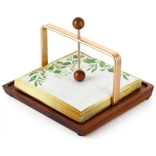 OUSEEN Serviettenhalter Holz mit Beschwerer, Moderner Serviettenspender aus Akazienholz & goldenem Metall, Flacher Halter für Tisch, Küche, Garten & Restaurant
