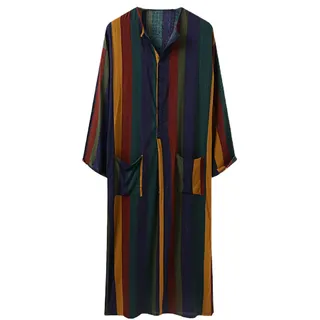FUIW Men Bunte gestreifte Kaftan Robe Arabische Knöpfe Lose Tuic Tops - Gelb # XL
